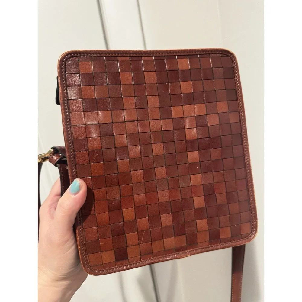 Vintage Etienne Aigner Checkerboard Weave Leather Crossbody Purse Brown Boxy Bag